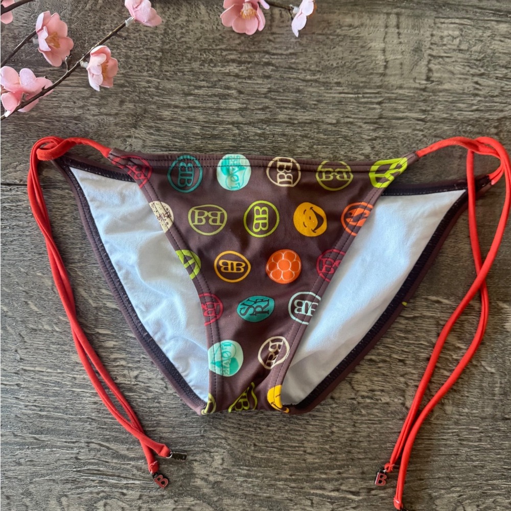 Vintage Y2K Billabong Bikini Bottoms 2005 Brown Rainbow Sequin Peace Sign